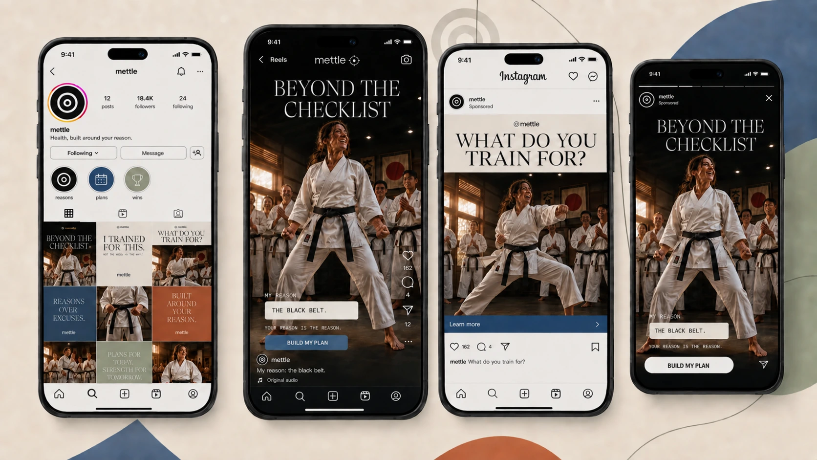 Mettle — Beyond the Checklist: Instagram profile, Reel, in-feed ad and story frame