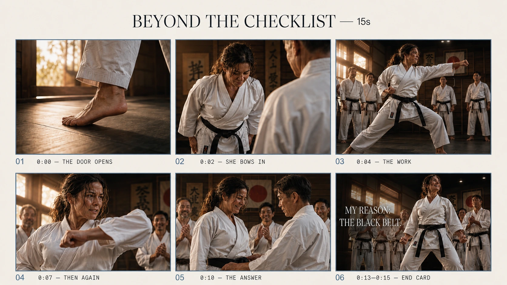 Six-beat storyboard for the 15-second Mettle reel: the door opens, she bows in, the work, then again, the answer, end card